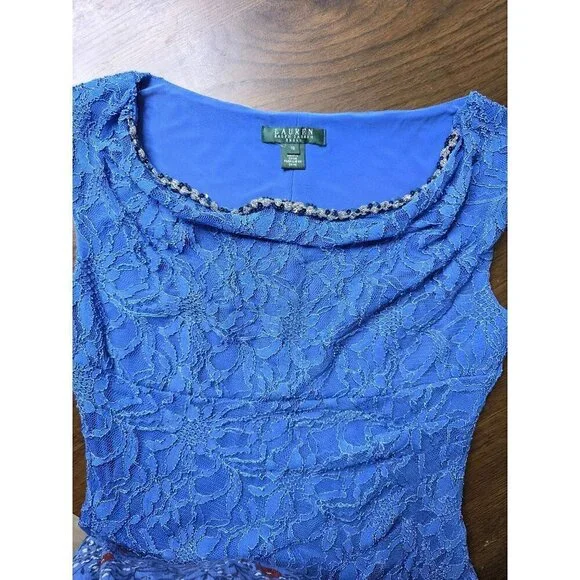 LAUREN RALPH LAUREN Womens Sheath Knee Length Dress Size 10 Navy Blue Lace - Picture 9 of 16